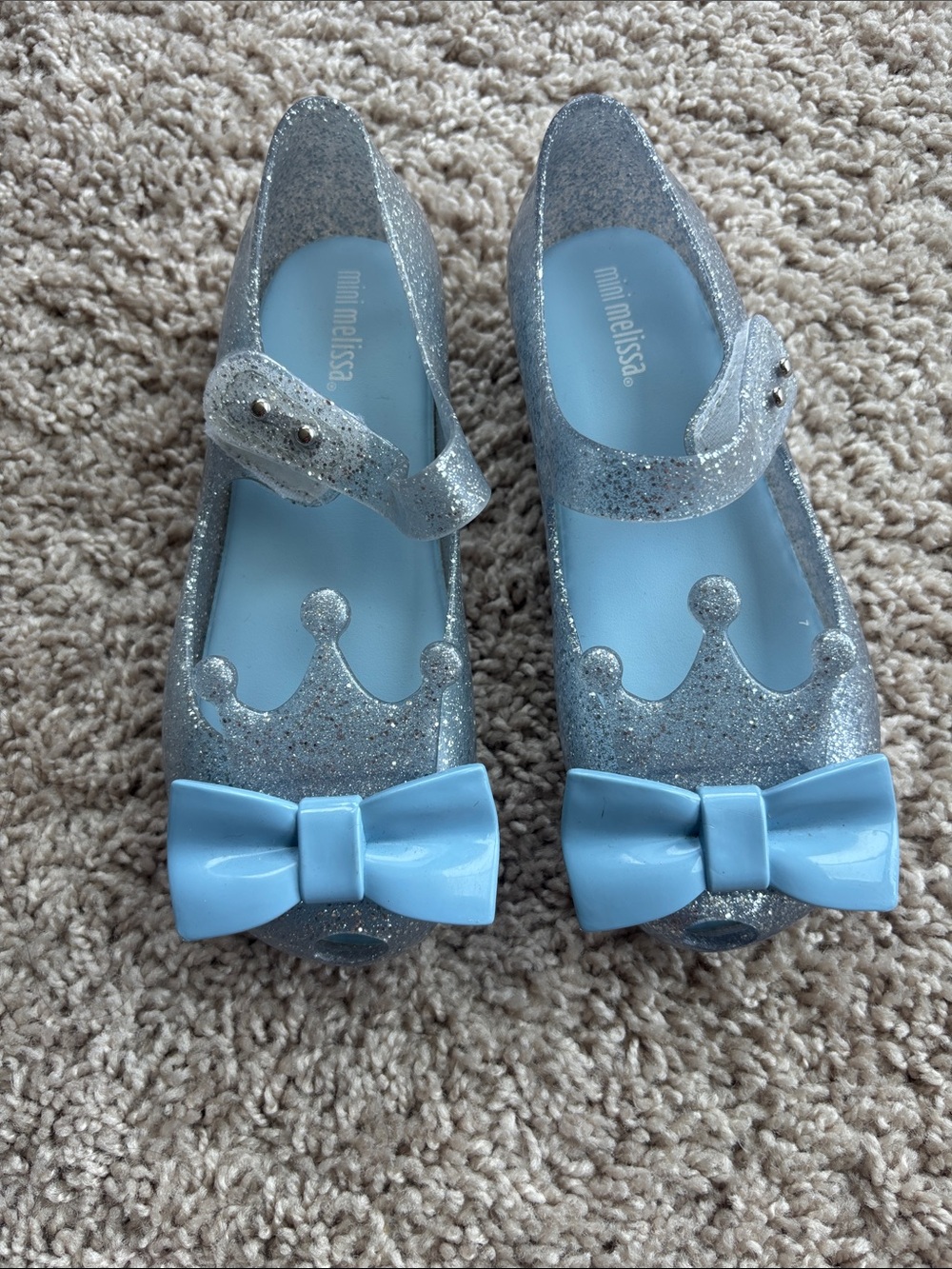 Mini Melissa Silver Glitter Mary Janes with Light Blue Bow